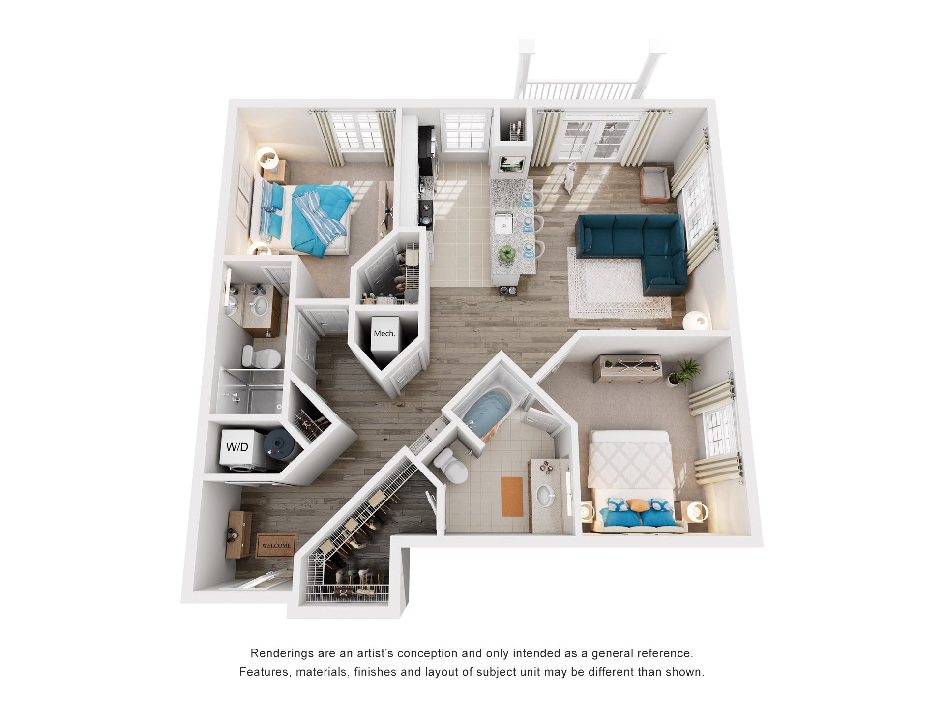 Floor plan for 2 beds, 2 baths, 1119 sqft